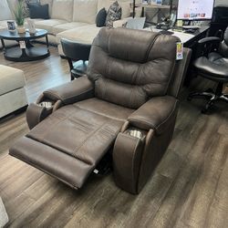 Brown Power Recliner With Headrest Motion And Cup Holders 