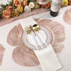 Rose Gold Leaf Shaped Vinyl Placemats for Dinner Table Set of 