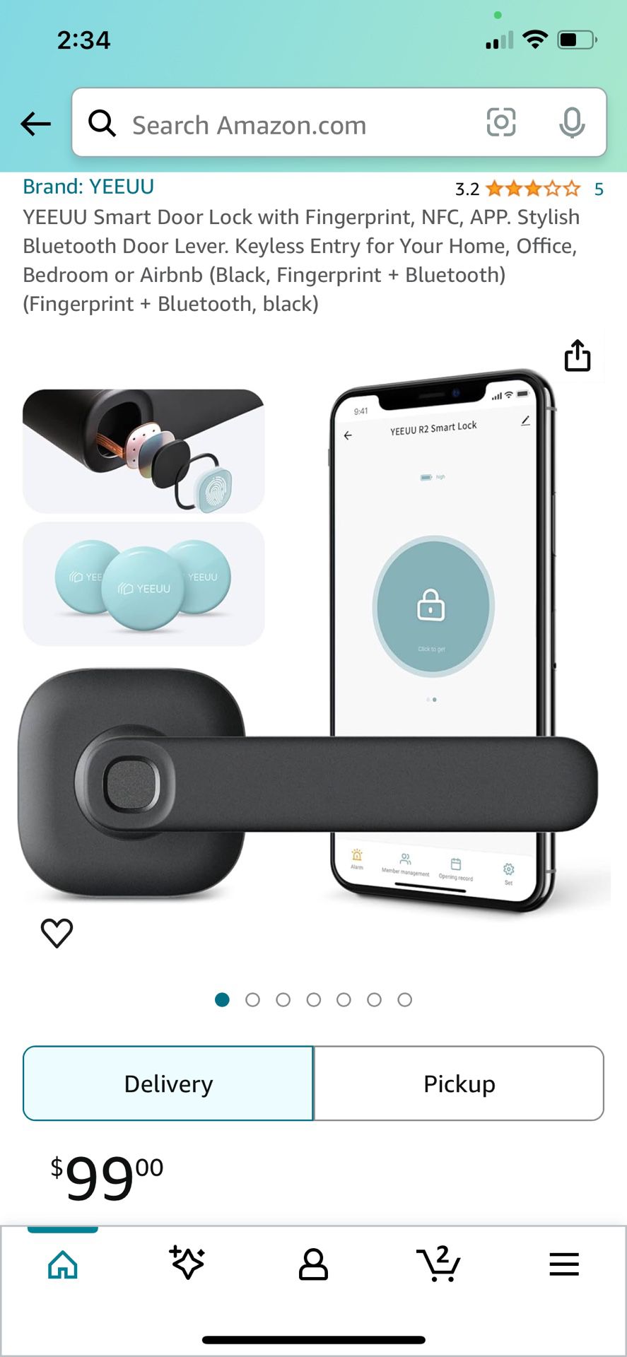 YEEUU Smart Door Lock with Fingerprint, NFC, APP. Stylish Bluetooth Door Lever. Keyless Entry for Your Home, Office, Bedroom or Airbnb (Black, Fingerp