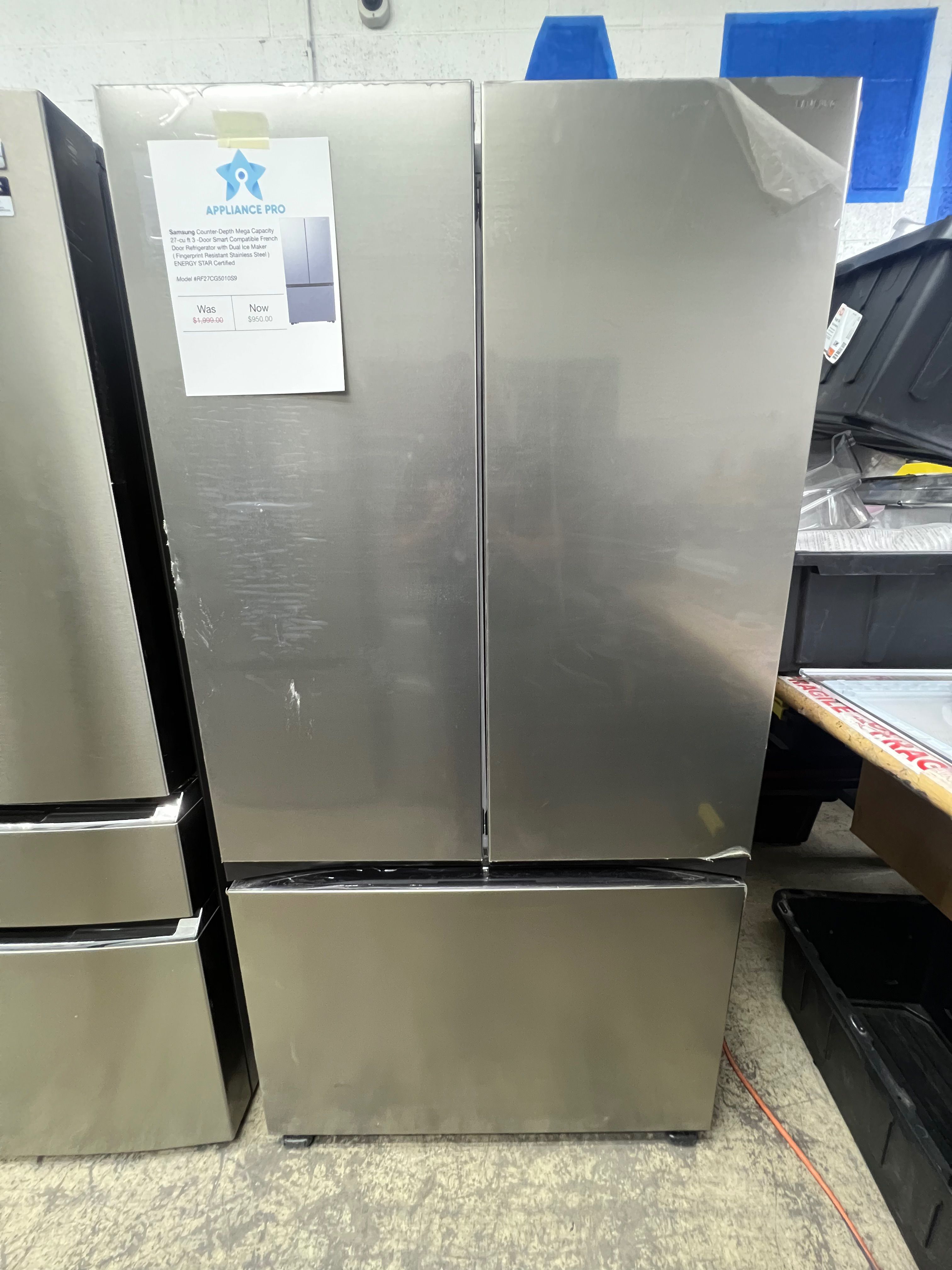 Samsung Counter-Depth Mega Capacity 27-cu ft 3 -Door Smart Compatible French Door Refrigerator with Dual Ice Maker ( Fingerprint Resistant Stainless )