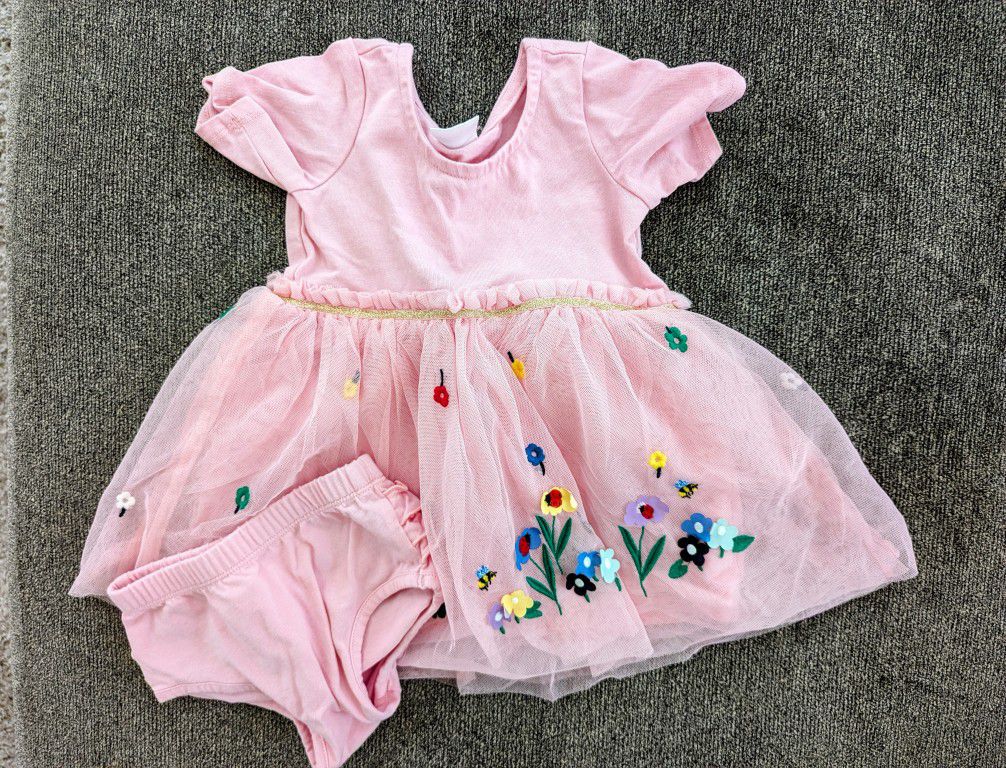 Hanna Andersson 2 Piece Pink Floral Dress Baby Girl Size 12-18 Months