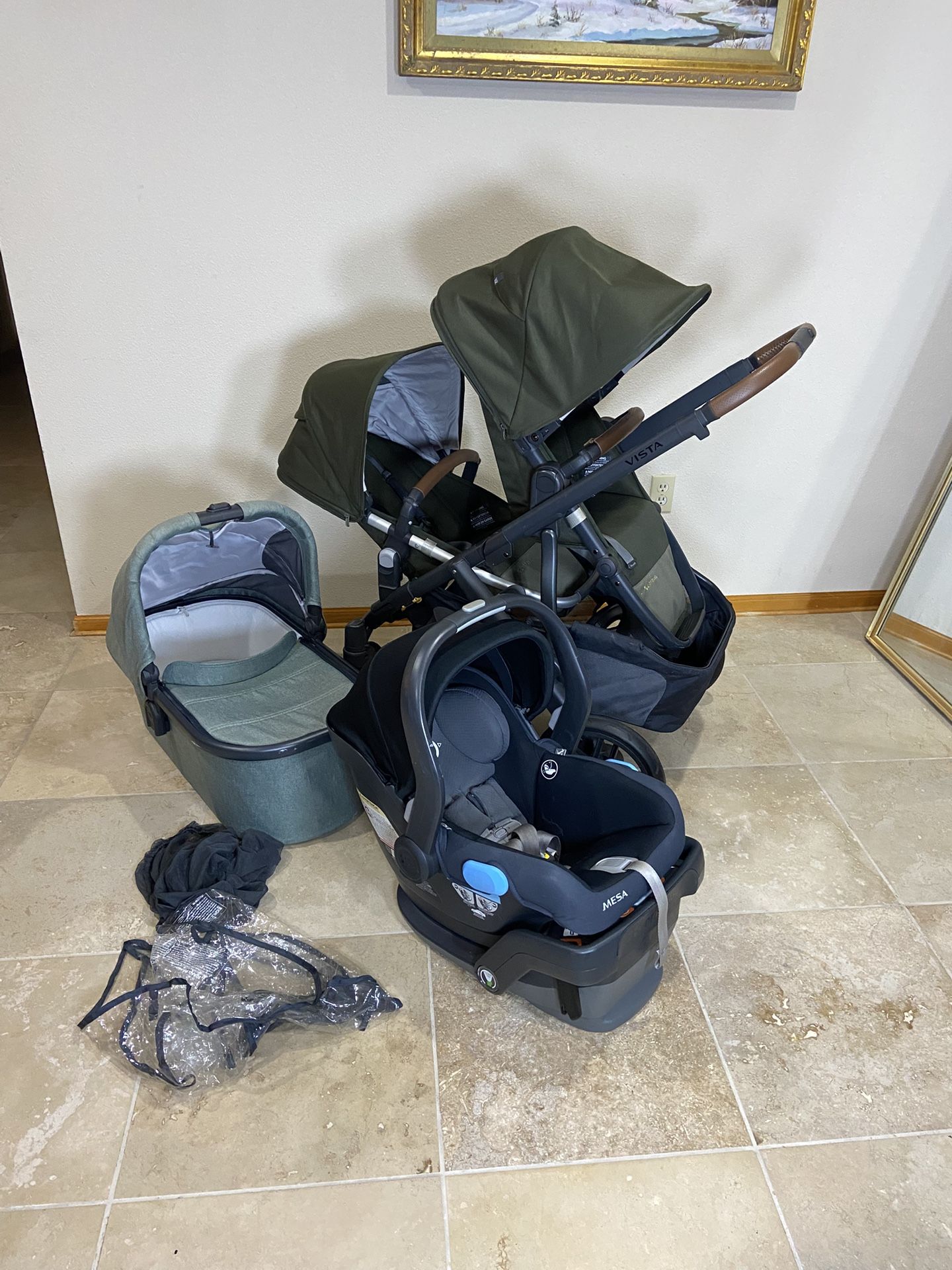 Uppababy Vista V2 Double Stroller with Bassinet and Car Seat Green  