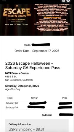 2026 Escape Halloween Saturday GA Tickets (x2)