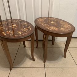 Set Of 2Handmade Wood Marquetry Inlaid Floral Side End Coffee Oval Table