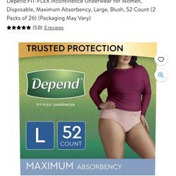 Depend FIT-FLEX Incontinence Underwear for Women, Disposable, Maximum Absorbency, Large, Blush, 52 Count (2 Packs of 26)
