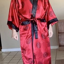 Mens Robe Red Embroidered Dragon Silky Satin Chinese Asian Japanese Kimono Wrap