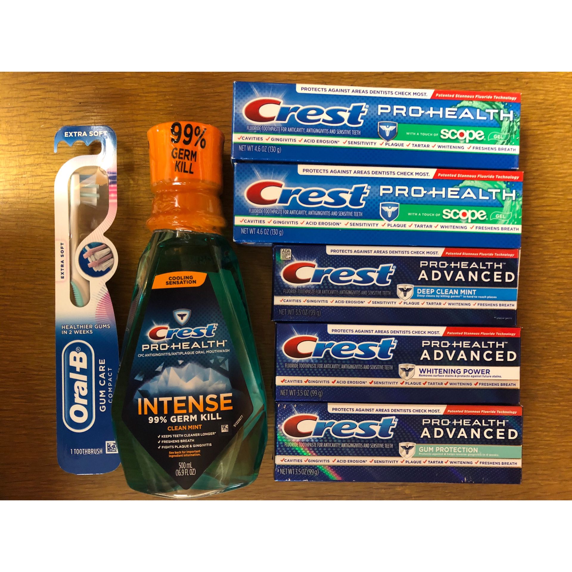 Crest toothpaste, mouthwash, Oral-B toothbrush