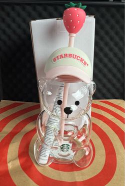 Starbucks Bearista Bear Glass Cup Tumbler w/ Straw Clear Pink Brand New 2026