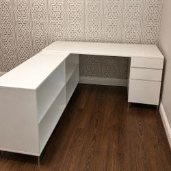 Mowdern White L-Shaped Desk with Storage Drawers & Shelves