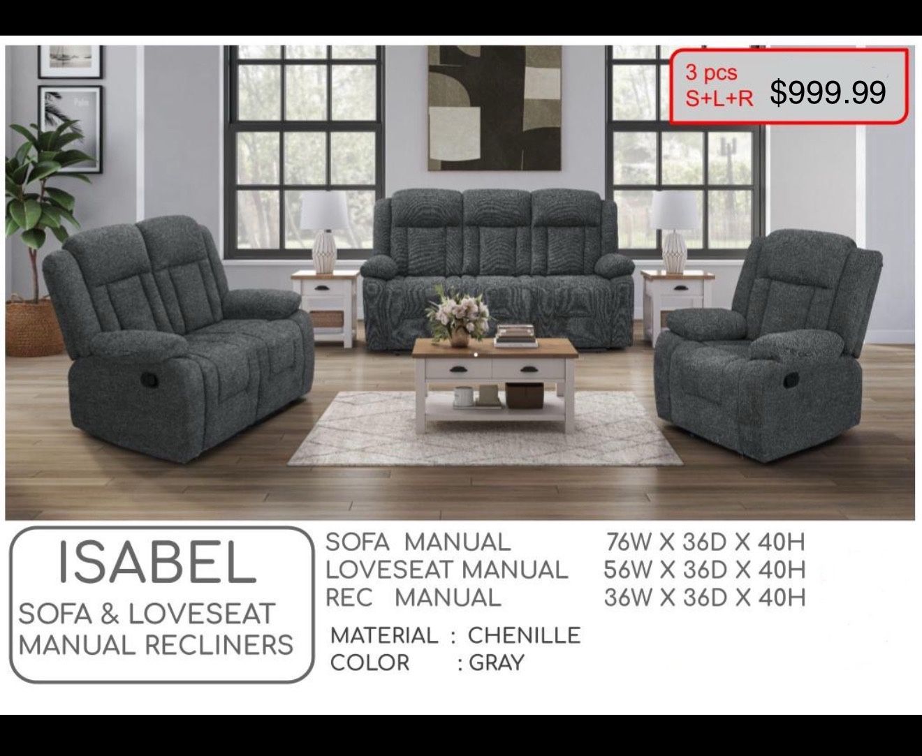 3 Pcs Living Room Manual Recliner Set