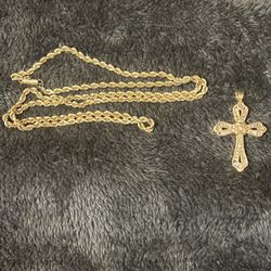 19.25grams 24inch 14k Gold Chain And 4.35grams 10k Diamond Cross