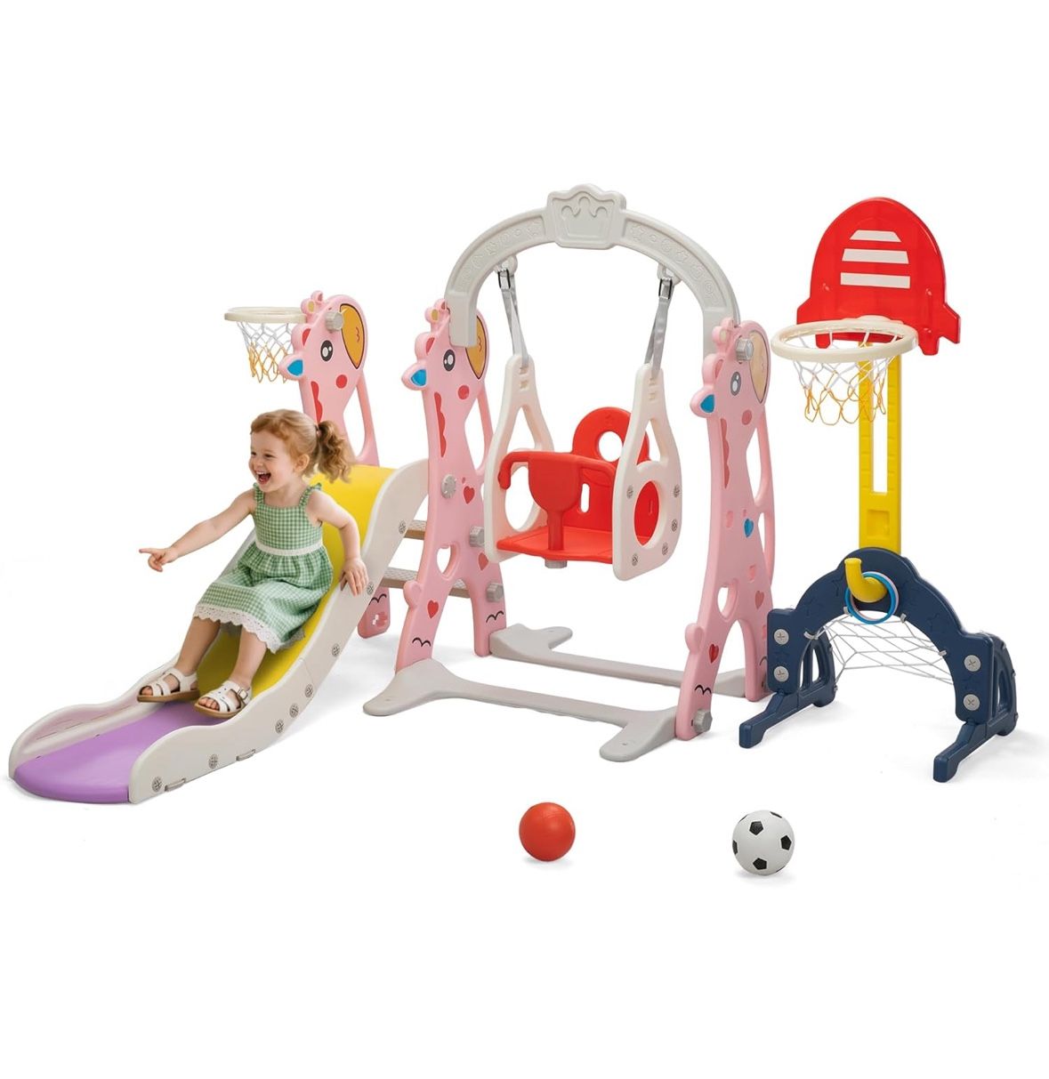 "Kids Slide, 5-in-1 Slide and Swing Set Outdoor Slide Set with Basketball Hoop