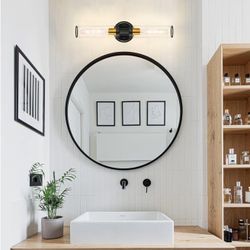 1 Mecuss Sconces Wall Lighting,18 inch Bathroom Lights Over Mirror 2 Light Industrial Vanity Lights, Elegant Clear Glass with Black and Gold Brass Fin