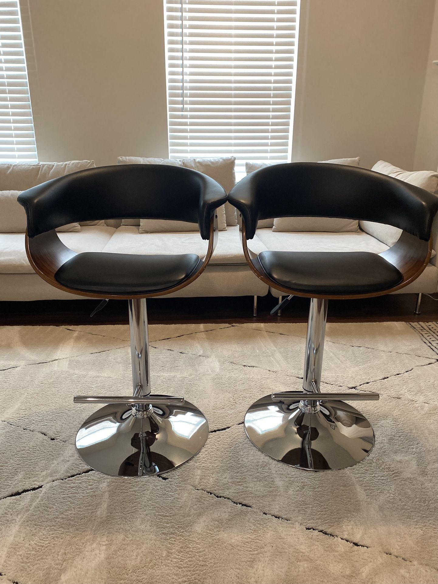 Walnut Wood Swivel Adjustable Height Bar Stool With Open Back in Faux Leather