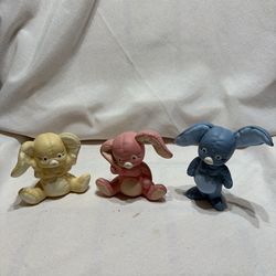 3 Kimple Mold Hand Painted Blue , Yellow & Pink Ceramic Rabbit Bunny Figurines