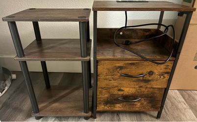 Rustic Nightstand with Charging Station and 3-Tier Side Table