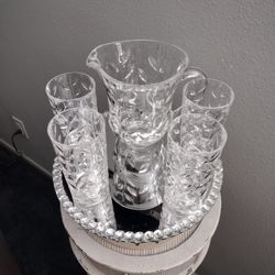 Vintage, 24, Lead, Crystal, Hand Cut, Pitcher, And 4 Glasses, Beautiful, Leaves, Design, Mint, Condition.