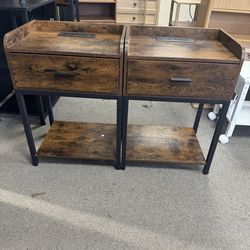 🛏️ Nightstand Set of 2 with Charging Station – Brown Wood 🛏️  💰 $75 – Brand New in Box / Ready to Take Home  ✔ 2 outlets + 2 USB ports – charge dev