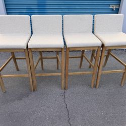 Gracie 24 in. Modern Counter Height Wood Bar Stool w/ Back, Textured Linen Upholstery, Cream Boucle/Warm Pine, Set of 4