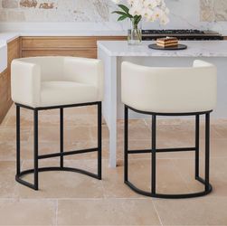 Pair of Modern Cream Faux Leather Barrel Back Counter Stools