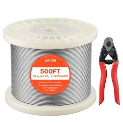  471^1/8 Inch Wire Rope, 500 ft Length, 316 Stainless Steel Wire Cable with Cutter, 1760 lbs Breaking Strength, 1 x 19 Strands Construction, Steel Cab
