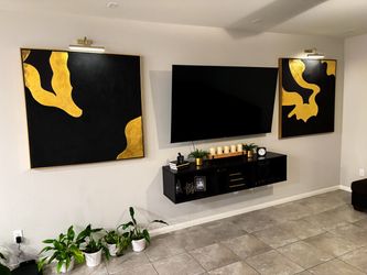 SET OF 2 LARGE 48” x 48” BLACK & GOLD ABSTRACT PAINTINGS + GALLERY LIGHTS