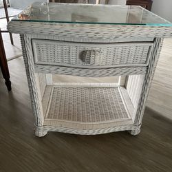 White Wicker End Table Nightstand 