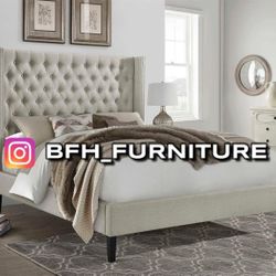 Queen Ivory Beige Wingback Bed With Ortho Mattress Included!