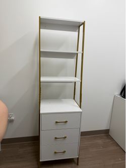 White and Gold Ladder Shelf with Drawers