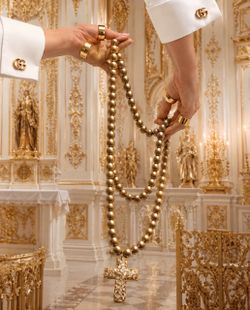 LARGE Vintage Original Shattered Fine Art Glass Cross Gold Wood Prayer Beads Necklace 62” RARE Rosary Esque Artist Artisan Handmade HILLCREST