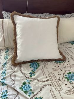 New White Throw Pillow with Tan Fringe Trim and washable zipper case