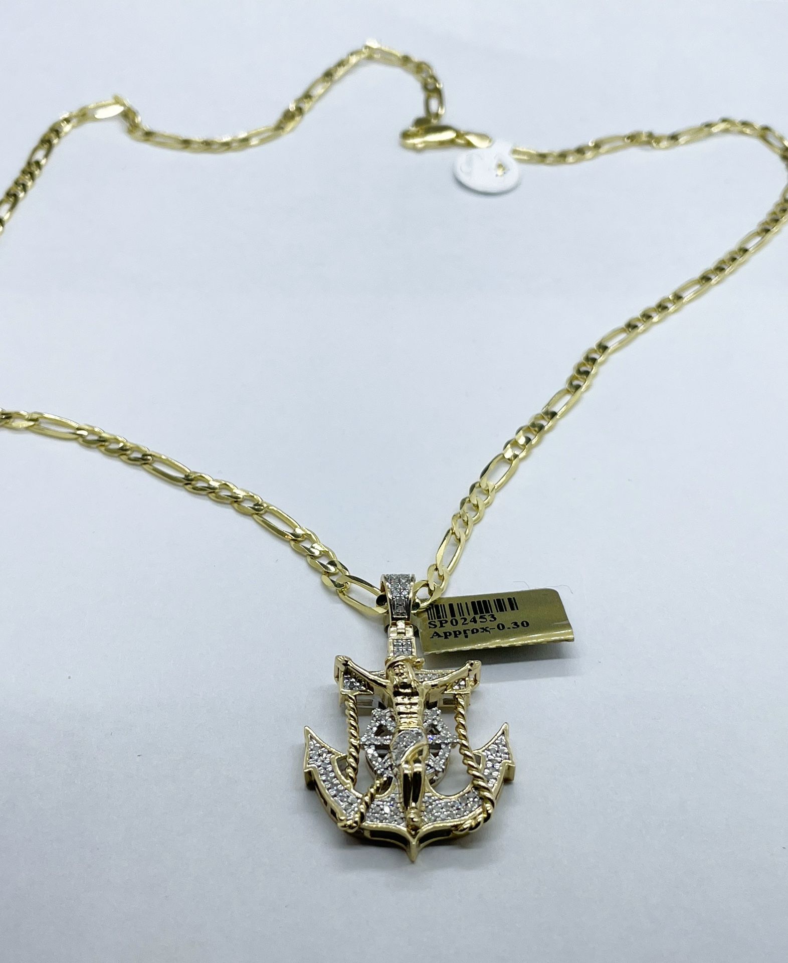 14k Solid Gold Figaro Chain And Anchor With Diamond Pendant , Necklance Gold