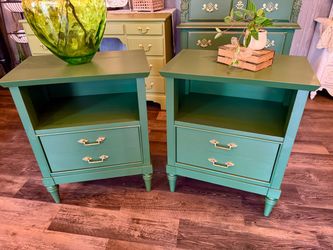 Gorgeous “Evergreen” Green & Gold MCM Matched Nightstands