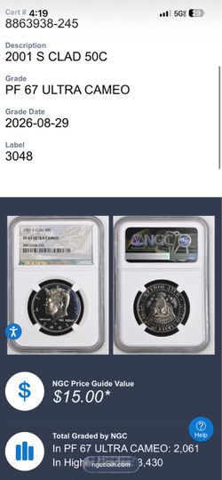 2001 S Kennedy Half Dollar NGC PF 67 Ultra Cameo