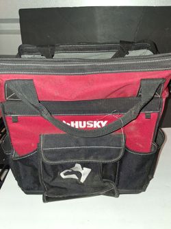 Husky 14 in. Zipper Top Rolling Water Resistant Tool Tote Bag in Red with 13 total