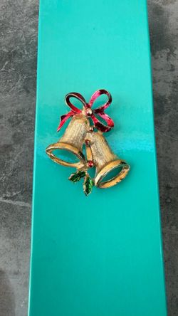 Vintage Christmas Holiday Bells Brooch Pin – Red Bow & Holly Accent