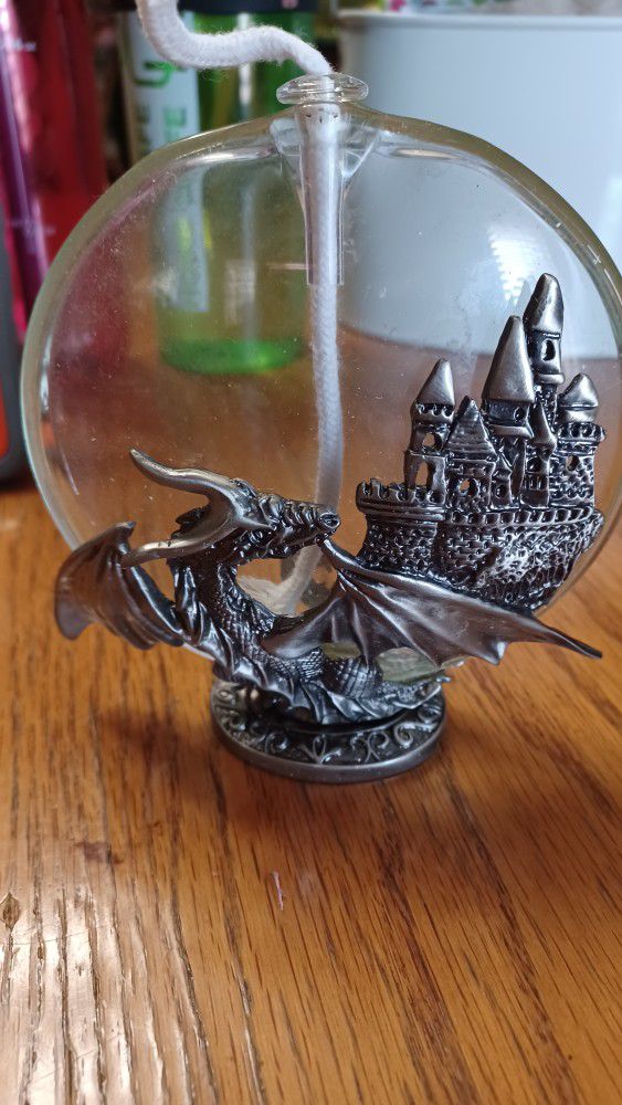 Dragon & Castle Oil Lamp: Pewter And Glass 
