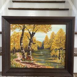 Vintage Signed Art Oil Painting Landscape Fall Rustic Woods Stream Scene 25*20.5