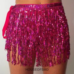 Dark pink tassel skirt, wrap skirt, sequin skirt, tie up skirt, festival skirt, rave outfit, pink skirt