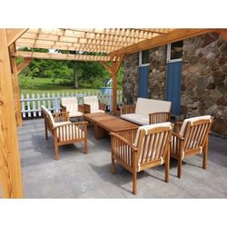 Outdoor patio wood couch with chairs and coffee table 