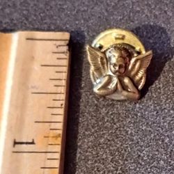 Gold Tone Embossed Gothic Cherub Praying Angel Lapel Pin Vintage Collectible Lapel Pin A-2