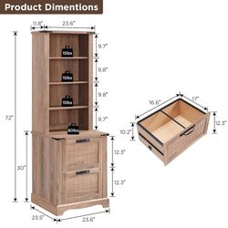 Bookcase with 2 File Drawers, 72" Tall Farmhouse Bookshelf with Storage and Adjustable Shelves, 4 Tier Rustic Wood Bookshelf with Cabinet for Home Off