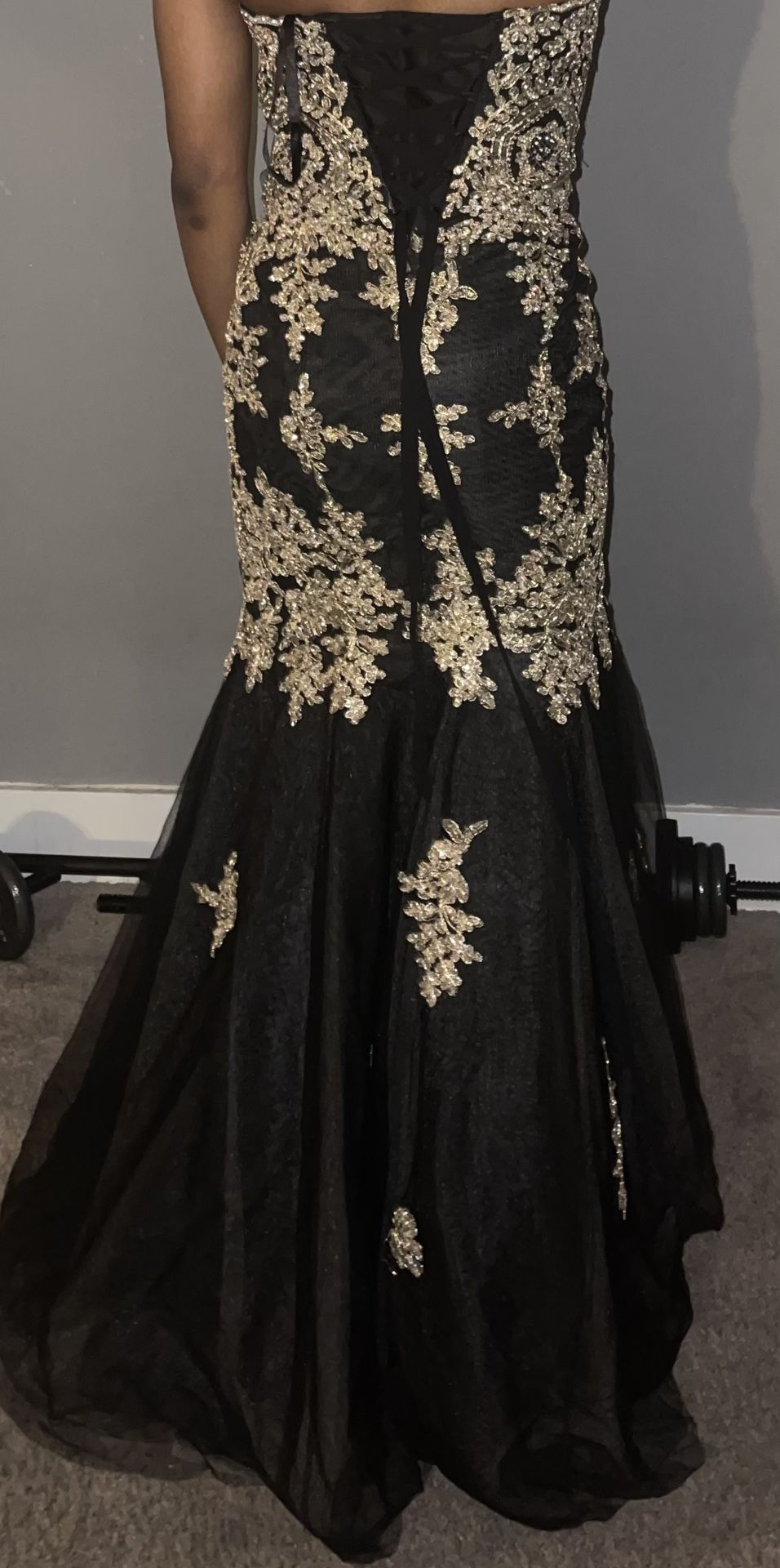Black Prom Dress With Gold Sparkly Embroidery 