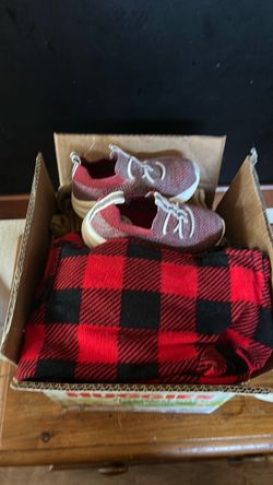 Box of baby/toddler clothes and toddler shoes