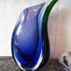Murano Art glass Vase Italian Art Glass Mid Century Modern, Multilayered And Colors Blues Green Purple