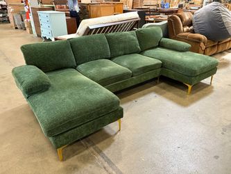 COOLMORE Heathered Emerald Modern U-Shaped Sofa with Cushioned Arms and Gold Tone Legs