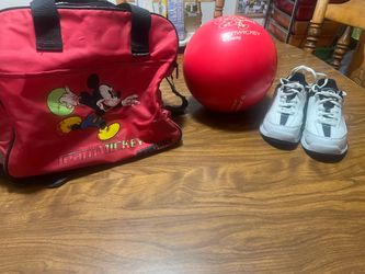 Vintage kids Brunswick Mickey Mouse bowling ball with Dexter shoes size 1