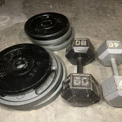 280lbs Weider Olympic Plates/Dumbbells