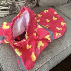 Pink and Yellow Dog Rain coat with yellow rubber ducky theme for size Large