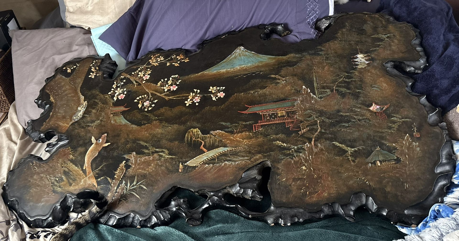 Real Live Wood Hand Painted Antique Oriental Tabletop Wall Hanging